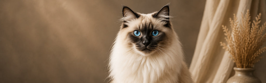 Elegante Ragdoll kat met blauwe ogen, voorbeeld van een premium dierenportret van Luma Pet Portraits.